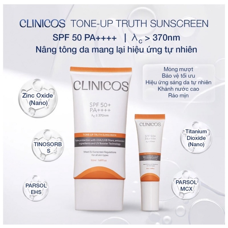 KEM CHỐNG NẮNG NÂNG TÔNG TỰ NHIÊN CLINICOS TRUTH SUNSCREEN SPF 50 PA++++ 50ML
