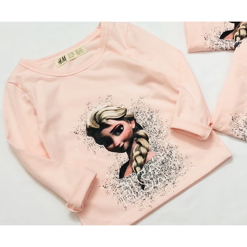 Bộ cotton dài tay in hình Elsa cho bé gái màu hồng size từ 12-30 cân