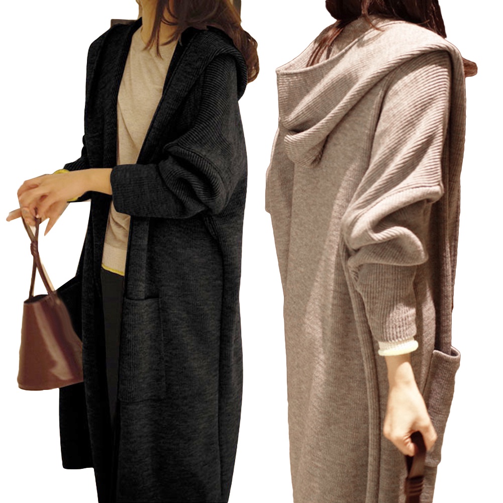Áo Khoác Len Cardigan Dáng Dài Có Nón Màu Sắc Đơn Giản Thời Trang Mùa Thu Cho Nữ