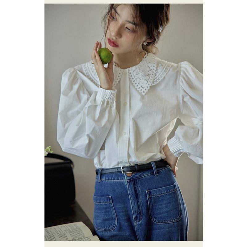 Áo Sơ Mi Tay Dài Cổ Búp Bê Phối Ren Phong Cách Pháp Cổ Điển Thời Trang Cho Nữ