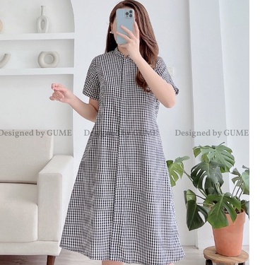 Đầm bầu công sở Váy bầu đẹp Kẻ Caro Dấu Khuy Dáng Suông MYC 1303