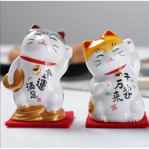 mèo may mắn dáng đứng giơ tay vàng xám MMM7 Tài Lộc Trang Trí Văn Phòng Để Bàn Phong Thủy Nhà Cửa gốm sứ 5cm