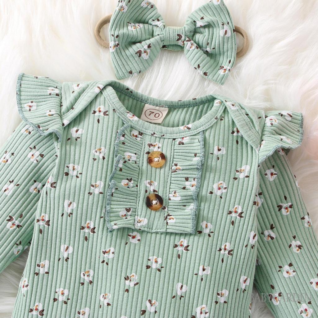 Bộ Áo Liền Quần Tay Dài Cổ Tròn In Hoa Phối Bèo + Băng Đô Nơ Thời Trang Cho Bé Gái 0-24 Tháng Tuổi