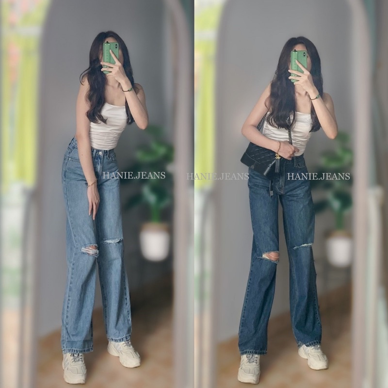 Quần Jean Nữ Ống Đứng JEAN UBAN Ống Suông Rộng Nữ Rách Gối Dài 102cm Hàng VNXK