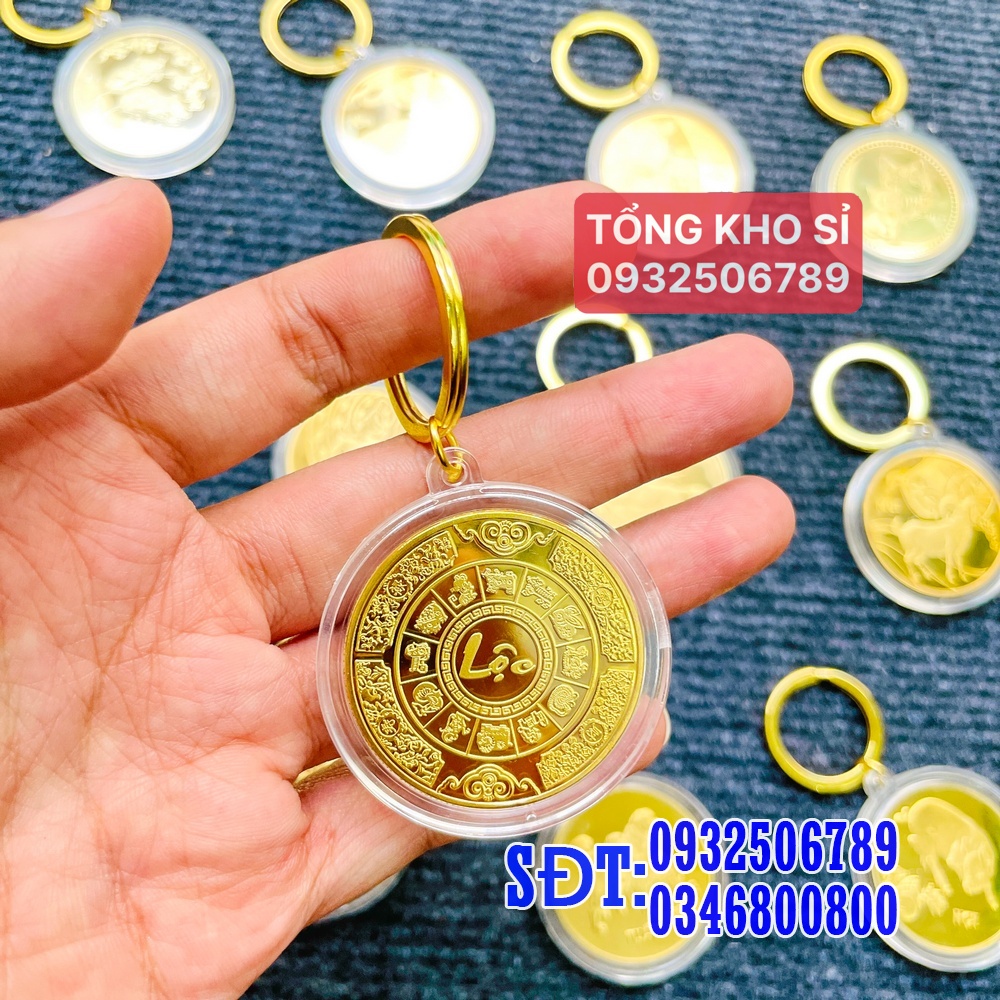 [GIÁ KM] [CON GÀ] Móc Khóa Đồng Xu Khắc Hình 12 Con Giáp, Niken Mạ Vàng Phong Thủy