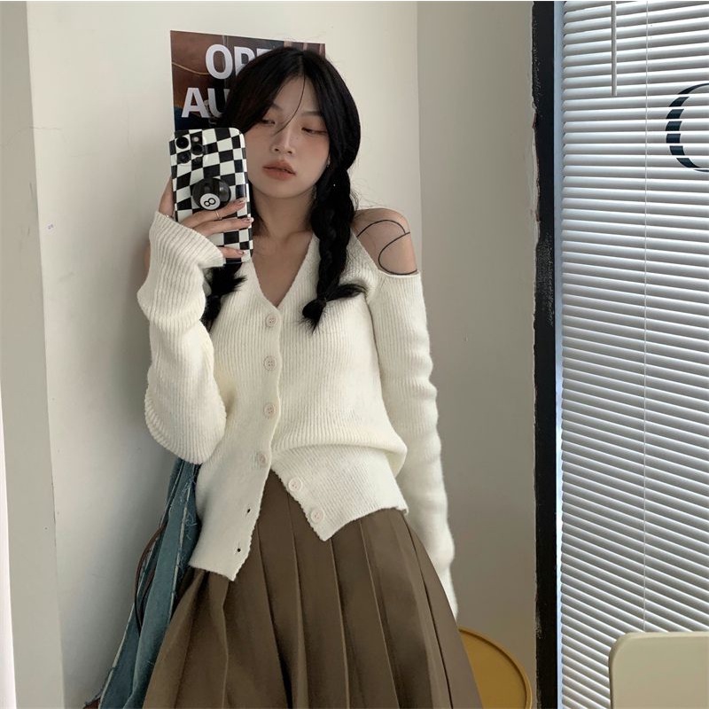 Áo sweater Cổ Chữ V Hở Vai Màu Trơn Thời Trang Mùa Thu 2022 Mới Cho Nữ