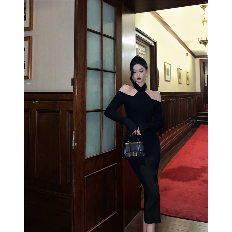 Ảnh Thật Giá Thật Đầm Dệt Kim Dáng Ôm Hở Vai Cổ Chéo Dây Gợi Cảm Mùa Thu Đông Dành Cho Bạn Nữ @