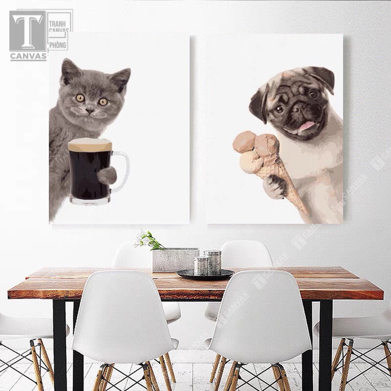 Tranh Canvas treo tường phòng khách, tranh nghệ thuật, tranh chó mèo ngộ nghĩnh DV62-65