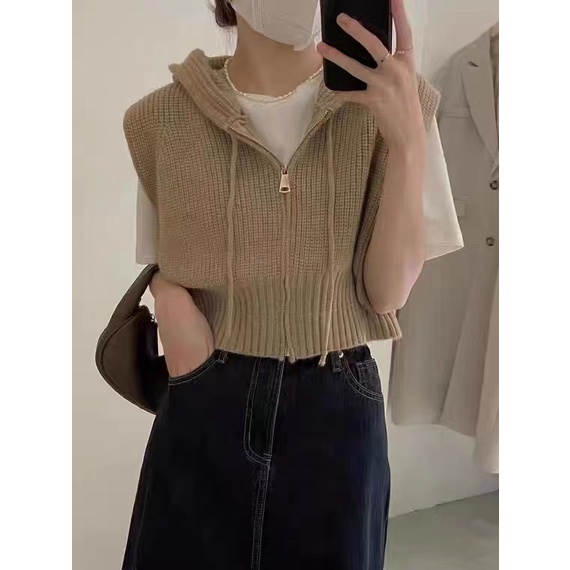 QKOOLE  Áo Croptop Dệt Kim Sát Nách Có Mũ Trùm Kiểu Hàn Quốc Cá Tính Cho Nữ
