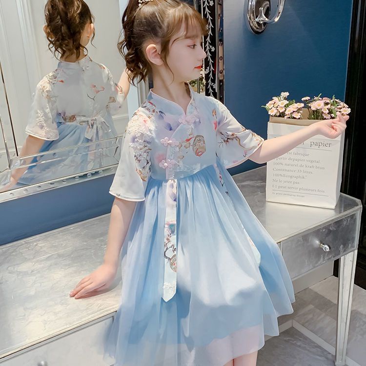 Đầm Hán Phục Tay Ngắn Phối Lưới Thêu Họa Tiết Thời Trang Mùa Hè 2022 Mới Phong Cách Trung Hoa Cho Bé Gái