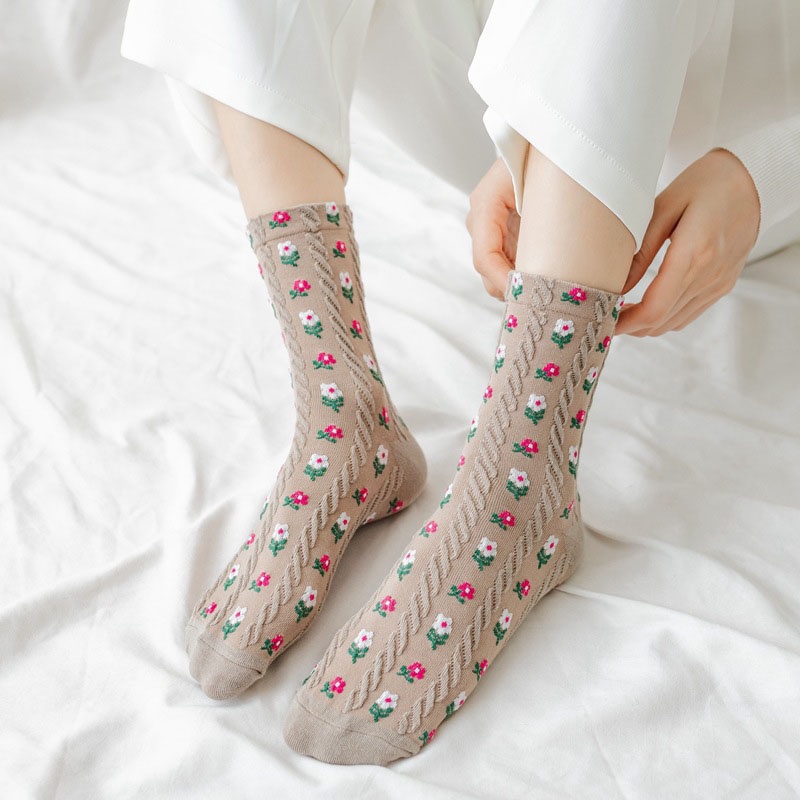Vớ Cotton Mềm Co Giãn Giữ Ấm Mùa Thu Đông In Họa Tiết Hoa Cổ Điển Dễ Thương Dành Cho Nữ