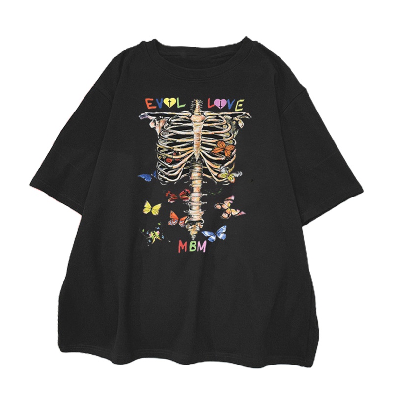 Brroa Áo Thun Tay Ngắn Oversize In Hình Bộ Xương Ngực Nhiều Màu Sắc Phong Cách Gothic Punk Harajuku Cho Nữ