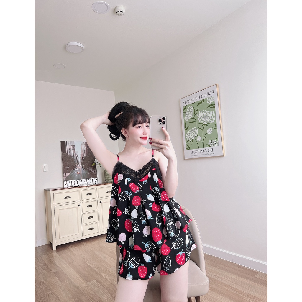 Đồ Ngủ Sexy Nữ, Bộ Ngủ Hai Dây MAngo Hoa Ren Ngực Freesize 40-65Kg