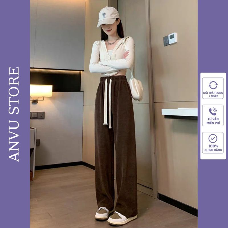 Quần dài ống rộng suông nữ vải nỉ nhung len tăm cạp cao lưng chun dây rút culottes thể thao phong cách Hàn bigsize