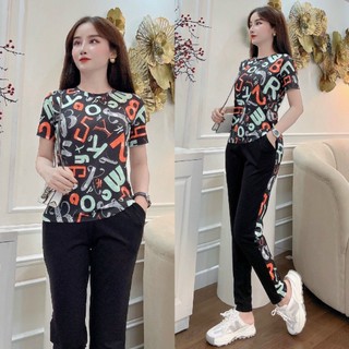 Set bộ thun thể thao dài thun lạnh phối thun cotton họa tiết kí tự màu hiện đại mặc nhà dạo phố đi siêu thị đều đẹp ms07