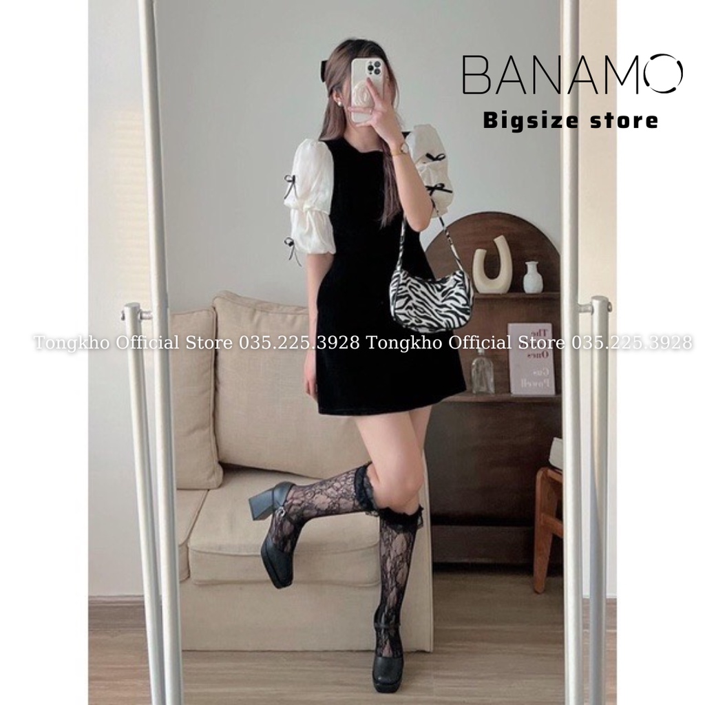 Đầm nhung nữ BIGSIZE váy nhung đen tay bèo đính nơ 555
