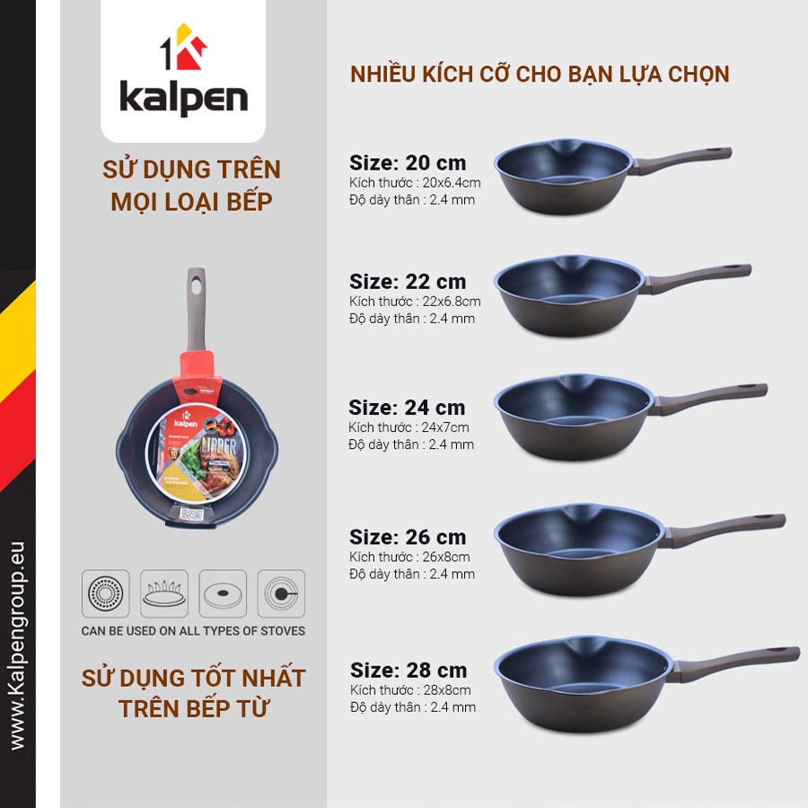 Chảo Chống Dính Đáy Từ Kalpen miệng rót 20cm 22cm 24cm 26cm 28cm Có Miệng Rót