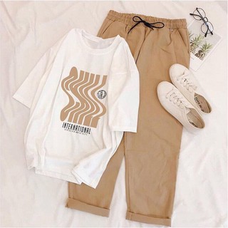 Phối Sét Bộ Đồ Nữ Mặc Đi Chơi Dự Tiệc, Mặc Ở Nhà Mùa Hè, Áo Phông In Làn Sóng Cotton+Quần Kaki Phong Cách Teen Hàn Quốc