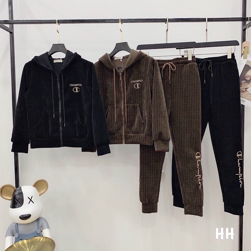 Bộ nhung nữ có mũ siêu ấm, set bộ quần áo thu đông cao cấp