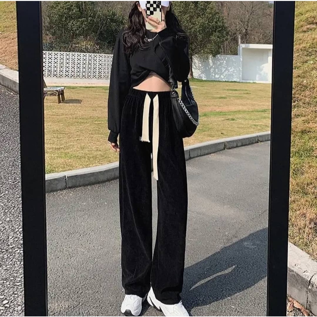 Quần Nhung Tămi Ống Rộng Dây Rút Ulzzang Xuất Hàn Mặc Tôn Dáng Siêu Xinh