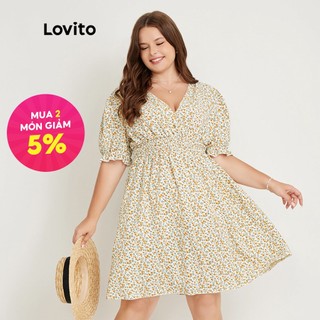 113XJ Váy Lovito bigsize curve Floral Ditsy Smocked Wrap Tao nhã LPS02030 (Vàng nhạt)