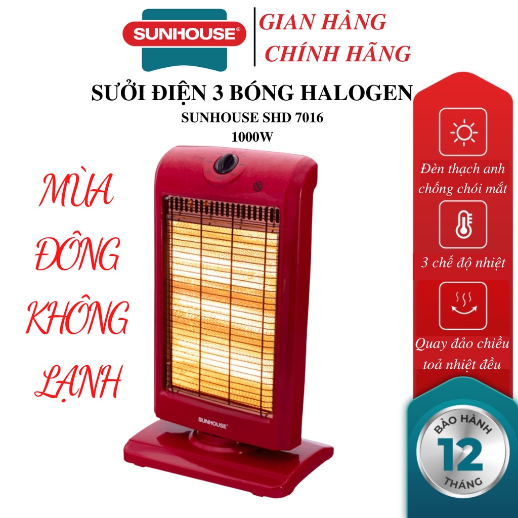 Đèn sưởi điện 3 bóng halogen Sunhouse SHD7016 - Đèn sưởi 3 bóng - Bảo hành 12 tháng