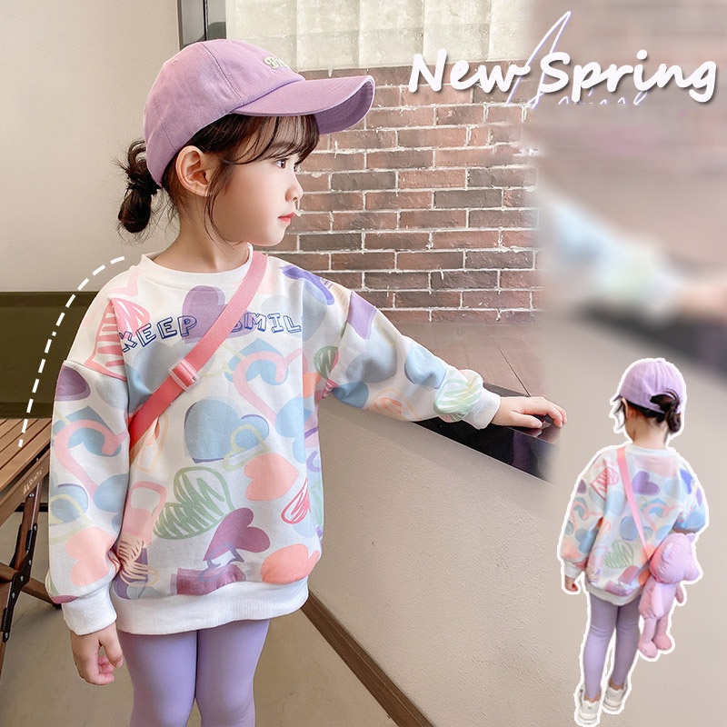 Planet Áo Thun Sweater Tay Dài Dáng Rộng Giữ Ấm Phong Cách Graffiti Hàn Quốc Đơn Giản Thoải Mái Chống Gió Dễ Mặc Thời Trang Cho Bé Gái