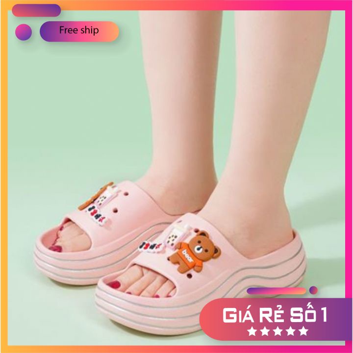 Dép nữ bánh mì đế lượn sóng Sticker gấu - Dép đế bánh mì cao 5p