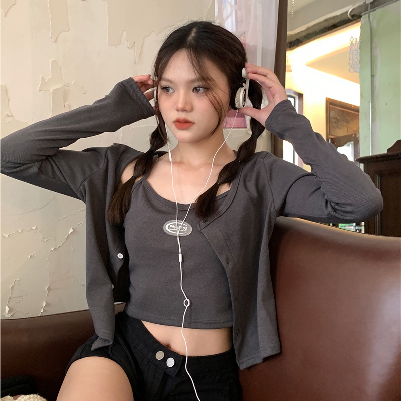 IELGY    Bộ Áo cardigan Dài Tay Ôm Dáng + Quần Yếm Xinh Xắn Theo Phong Cách Hàn Quốc Dành Cho Nữ