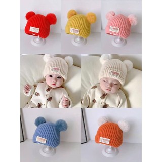 Nón len, mũ len phối 2 cục bông cho bé