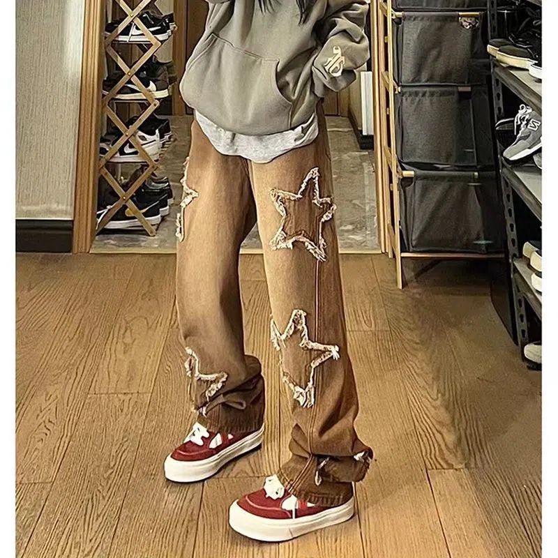 Quần Jean Ống Rộng Dáng Suông Màu Nâu Phong Cách Đường Phố Mỹ Cho Nữ