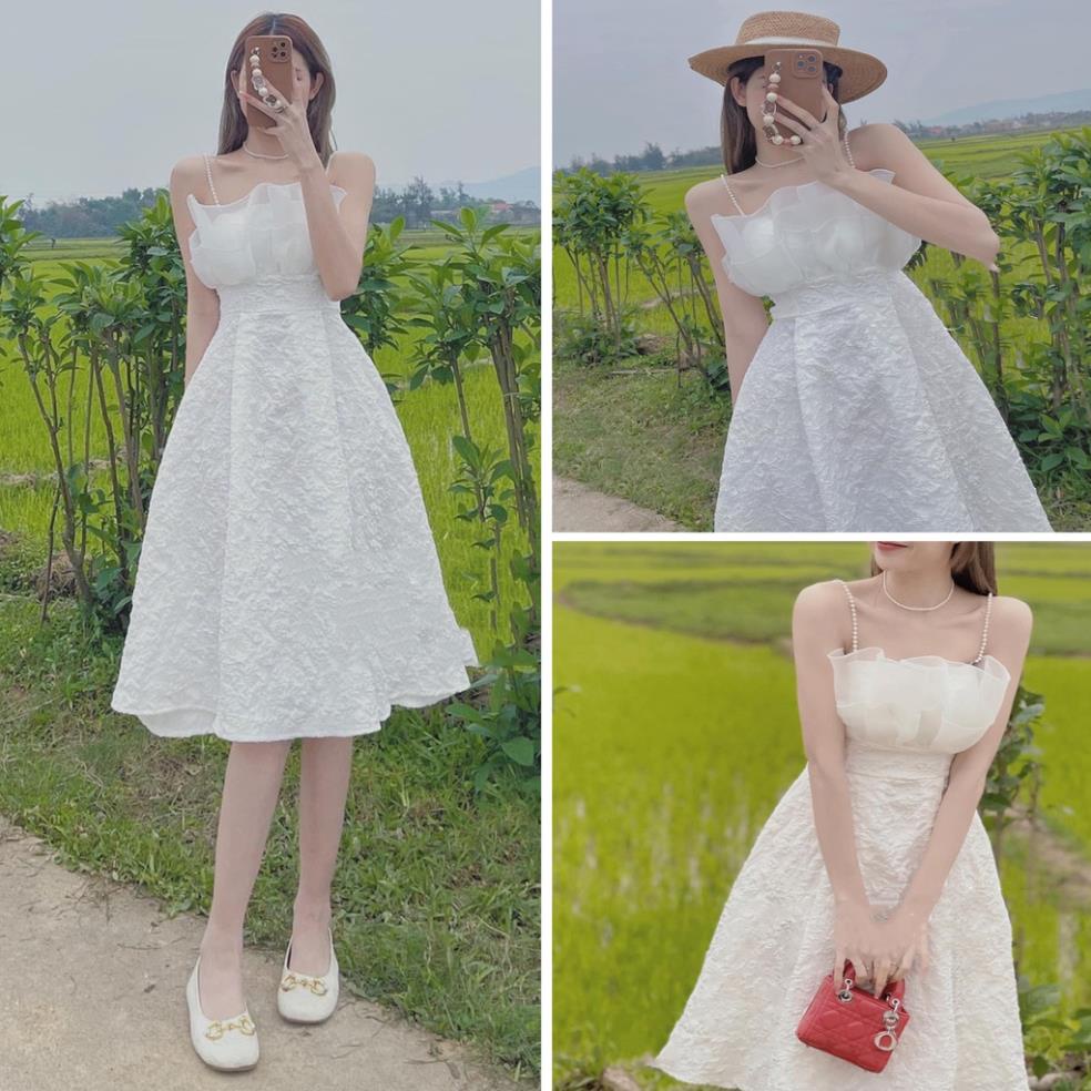 Váy dự tiệc sang chảnh 2 dây ngọc khóa lưng đầm thiết kế nữ cao cấp Váy Nữ Trắng Xòe