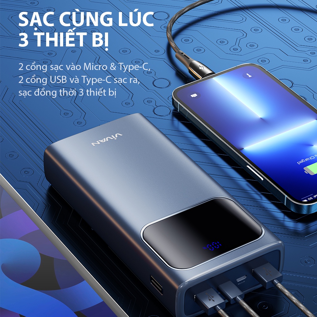 Pin Sạc Dự Phòng VIVAN VPB-C30 Dung Lượng 30000MAH Công Suất Lớn 22.5W Hỗ Trợ Sạc Nhanh 5A Chuẩn PD QC 3.0 VOOC