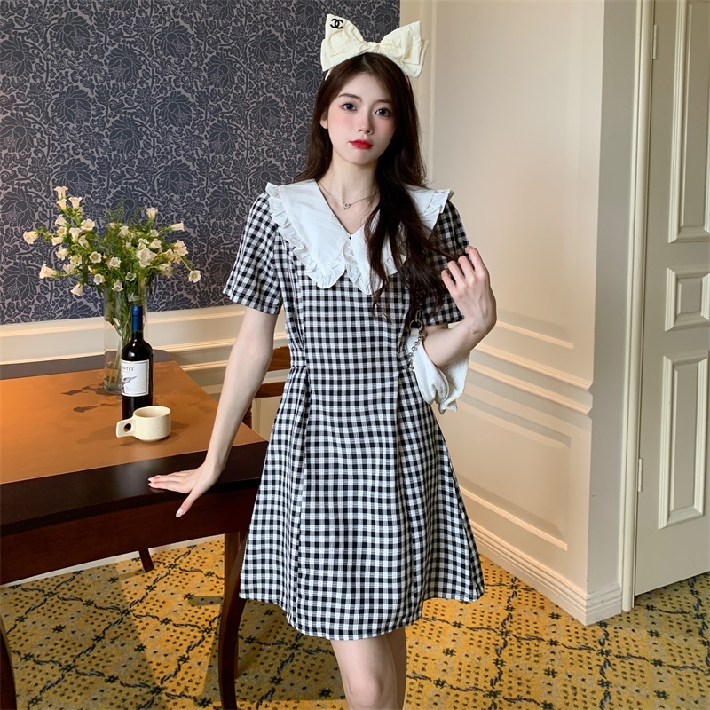 Đầm Nữ Tay Ngắn Cổ Búp Bê Họa Tiết Caro Đa Năng Phong Cách Hàn Quốc