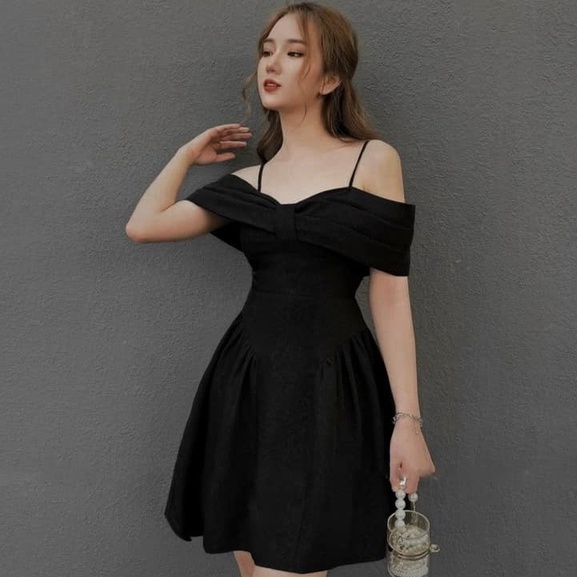 Đầm trễ vai dự tiệc dáng ngắn xoè xếp ly có nơ ngực siêu đẹp lên dáng cực xinh, thời trang thiết kế YUNA STORE