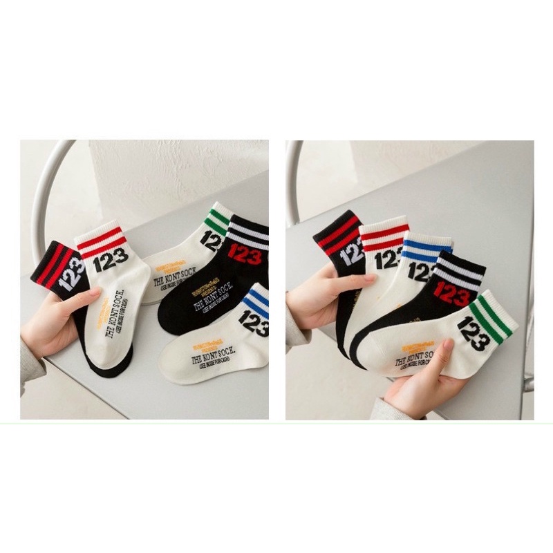 Set 5 đôi Vớ tất Hàn Quốc unisex 2 sọc số 123 cổ cao cho bé từ 1-12 tuổi