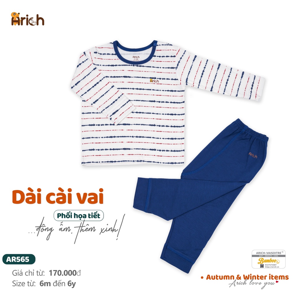 Bộ dài tay cài vai Arich vải sợi tre mềm mịn, quần áo trẻ em thoáng khí, co giãn 4 chiều