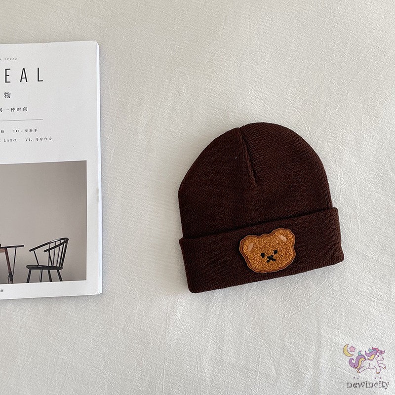 Mũ Beanie Dệt Kim Co Giãn In Họa Tiết Gấu Kiểu Hàn Quốc Thời Trang Thu Đông Cho Bé Trai + Gái