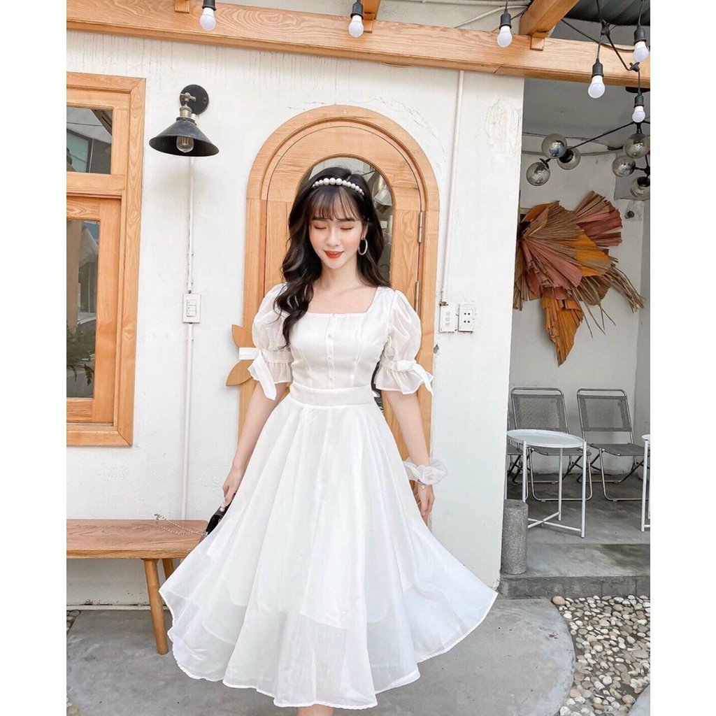 Đầm Dự Tiệc Cổ Vuông Tay Nơ Nút Ngực,Đầm Váy Trắng Dáng Xòe Tiểu Thư Chất Liệu Tơ Xốp Xin Sò (Thiết Kế May Full 2 Lớp)