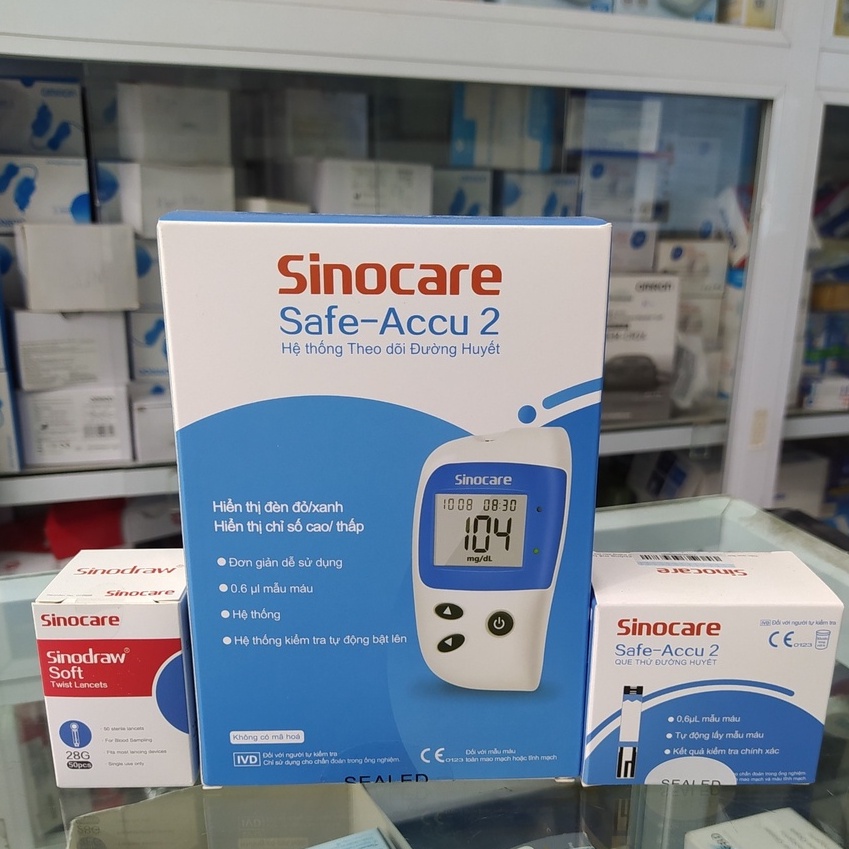 Máy Đo Đường Huyết Safe-Accu 2 SINOCARE + Tặng 10 Que Thử + 10 Kim Lấy Máu