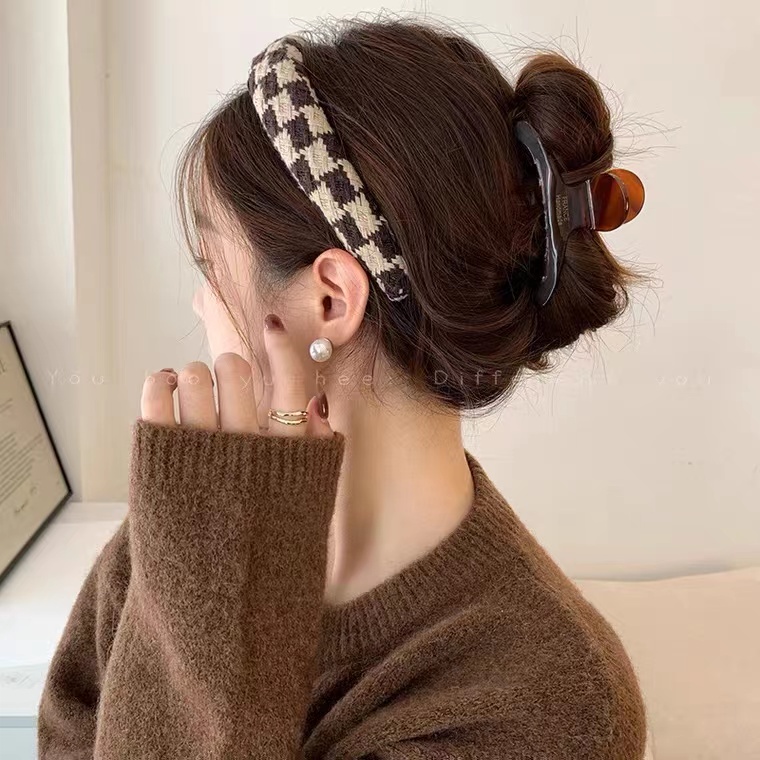 Băng Đô Cài Tóc Bằng Xốp Họa Tiết Sọc Caro Trắng Đen Phong Cách Hàn Quốc Thời Trang Cho Nữ