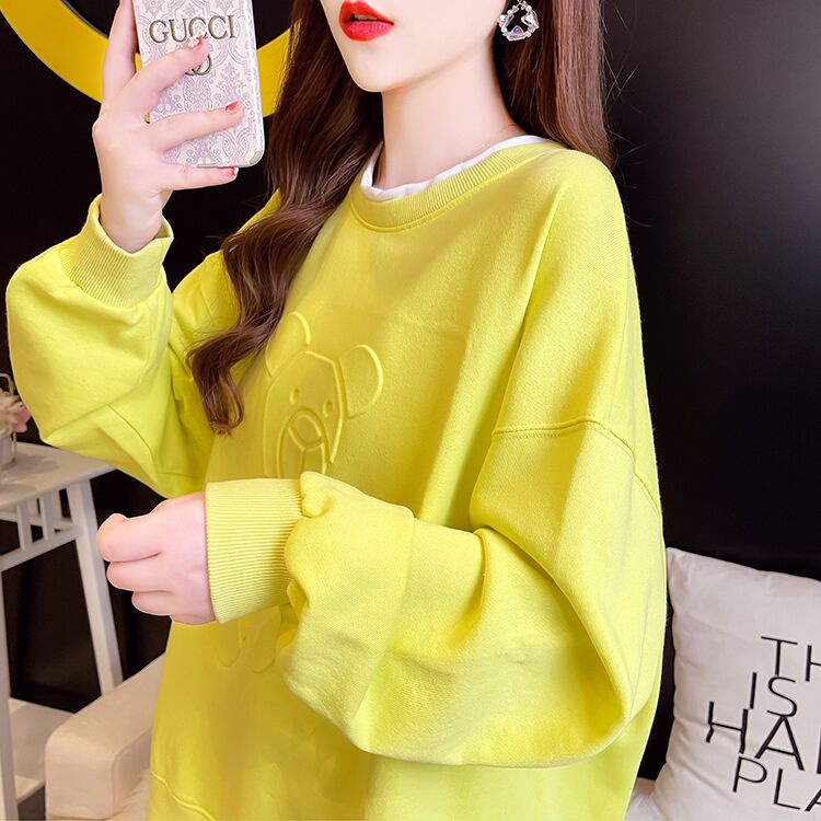 ZHELIHANGFEI Áo Hoodie Giả Hai Lớp Tay Dài Dáng Rộng In Hình Gấu Phong Cách Thể Thao Thời Trang