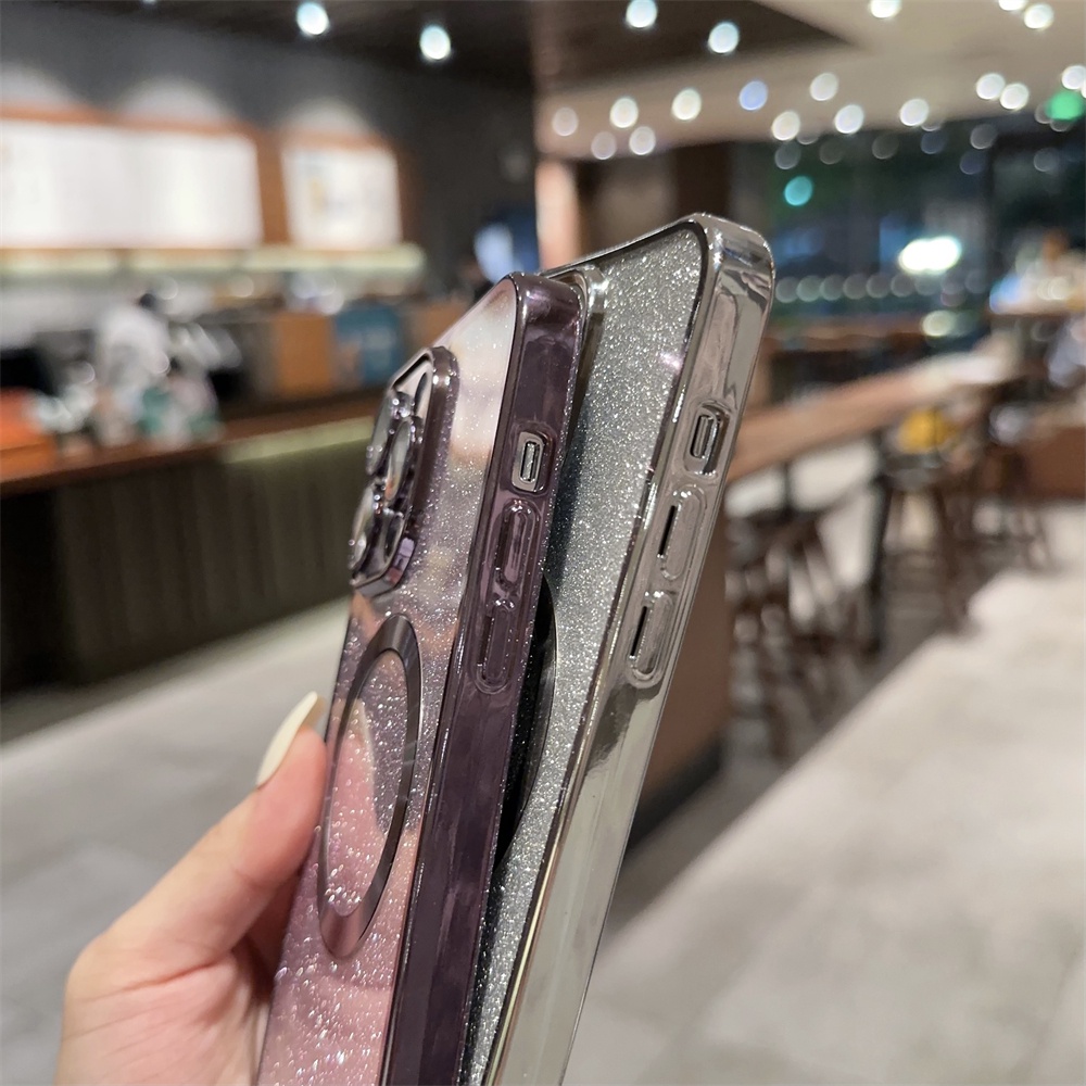 Ốp Điện Thoại Mặt Kính Viền Kim Tuyến Kèm Sạc Từ Tính Sang Trọng Cho iPhone 14 13 12 11 Pro Max 14 Plus 13 Pro Max
