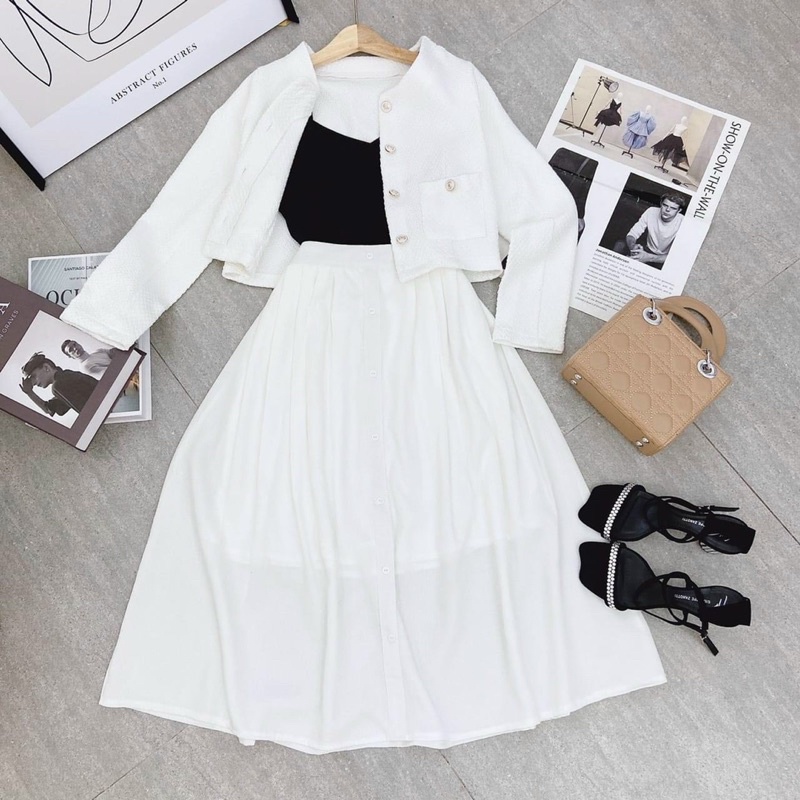 Set 3 món nữ set áo crop đen+ áo khoác đính nút tay dài+ chân váy trắng dài lên dáng tiểu thư sang chảnh