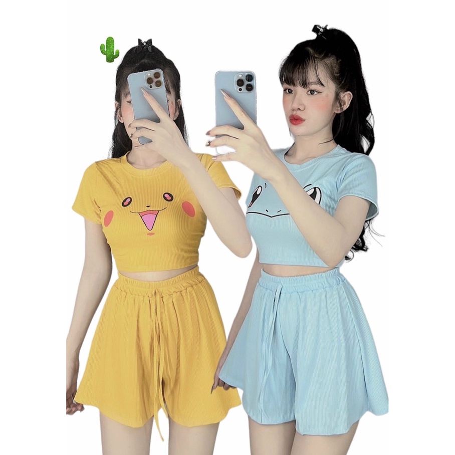 Set áo croptop hoạt hình kèm quần short xòe chất thun gân