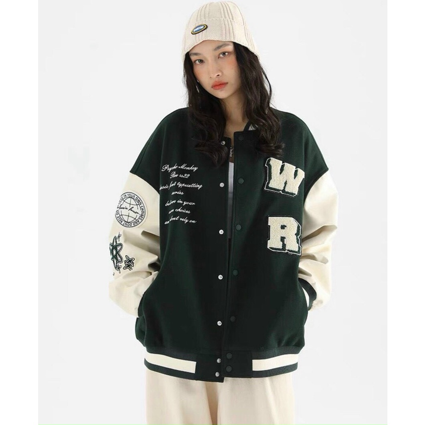 Áo khoác bomber nam nữ UNISEX form rộng- Áo khoác bóng chày varsity màu xanh lá chất dạ 2 lớp dày dặn thêu chữ WR tay da