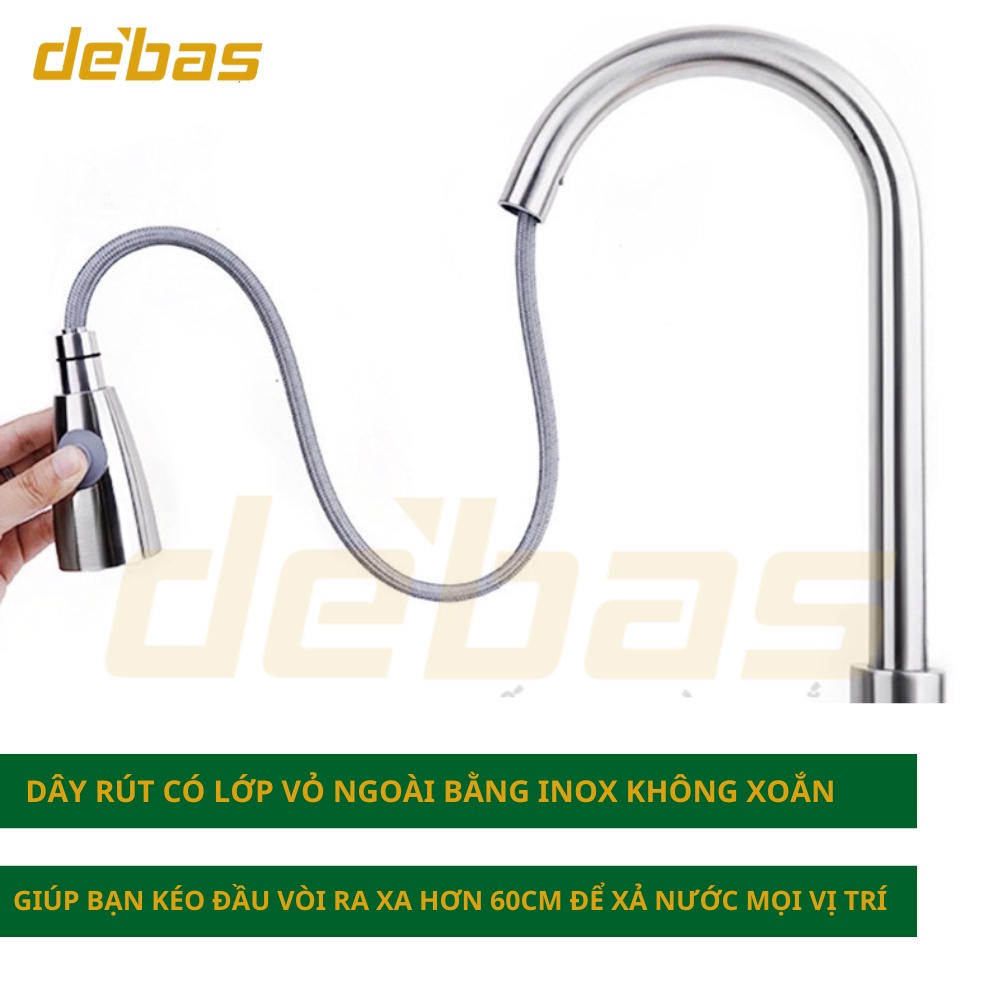 Vòi rửa chén bát dây rút inox 304 hàng đúc nặng cao cấp tặng dây cấp inox nóng lạnh Debas V7212 INOX