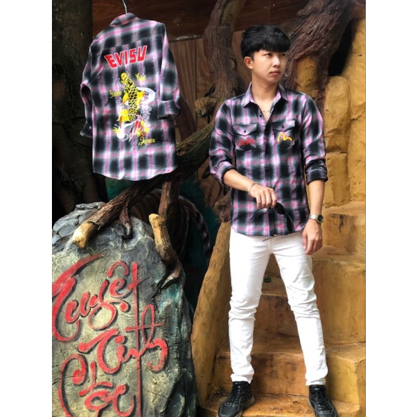 Evisu thêu lưng cá chép hoá long hồng/ Áo sơ mi nam/ Áo sơ mi thêu lưng