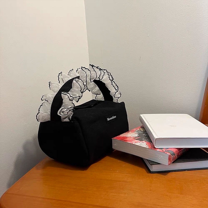 Túi Đựng Đồ Ăn Trưa / Mỹ Phẩm Bằng Vải canvas Phối Ren Xinh Xắn Chất Lượng Cao