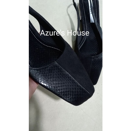 Giày Xăng đan đen nữ mũi vuông trendy , slingbacks zara đế bằng hở gót, da giả vân rắn